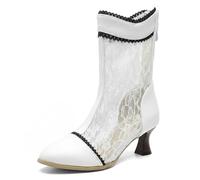 Wtharosa Bottes en Dentelle Vintage Femme mi-Mollet Bout Rond Talon Bloc Bottes Mode rétro Bottes habillées élégantes pour Tenue Classique et Style Urbain matière PU,Blanc,47 EU