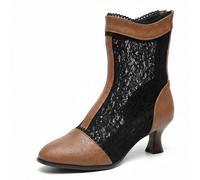 Wtharosa Bottes en Dentelle Vintage Femme mi-Mollet Bout Rond Talon Bloc Bottes Mode rétro Bottes habillées élégantes pour Tenue Classique et Style Urbain matière PU,Yellowish,47 EU