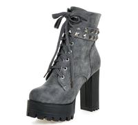 Wtharosa Bottes Femme PU Plateforme Combat Lacets Talon Large Semelle Épaisse Style Punk Rétro avec Talon Caché 5cm pour Déplacements Quotidiens,Gris,45 EU