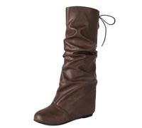 Wtharosa Bottes Femme Souples Genou Similicuir Lacets Arriere Talon Plat Rehausse Cachee 5cm Bottes Chaudes D Hiver pour Bureau Quotidien Et Activites Exterieures,Marron,45 EU