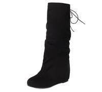Wtharosa Bottes Femme Souples Genou Similicuir Lacets Arriere Talon Plat Rehausse Cachee 5cm Bottes Chaudes D Hiver pour Bureau Quotidien Et Activites Exterieures,Black Suede,41 EU