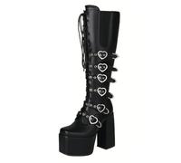 Wtharosa Bottes Gothiques Plateforme Genou Haut Cuir Verni Lacets Boucles Coeur Talon Large pour Club Fêtes Sorties Nocturnes Et Style De Rue,Black PU,47 EU