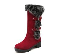 Wtharosa Bottes Hautes À Plateforme en Daim avec Bordure en Fausse Fourrure Talon Bloc Zip Latéral Mode Hiver pour Temps Froid Activités Extérieures Et Usage Quotidien,Rouge,41 EU