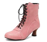 Wtharosa Bottines Mode Femme Bottines Courtes À Lacets À Talon Bloc Moyen pour Voyage d'automne Et Streetwear Quotidien Chaussures en Faux Cuir Doublées Polaire,Rose,47 EU
