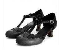 Wtharosa Chaussures Habillées Talon Kinet Largeur Confortable Vintage Bride en T Bout Rond Deux Tons Escarpins Talons Bas Confortables pour Travail Debout et Grandes Pointures,Noir,38 EU