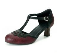 Wtharosa Chaussures Habillées Talon Kinet Largeur Confortable Vintage Bride en T Bout Rond Deux Tons Escarpins Talons Bas Confortables pour Travail Debout et Grandes Pointures,Burgundy,48 EU