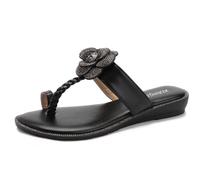Wtharosa Chaussures Légères Compensées Boucle d'orteil Sandales Fleur Strass Bout Plat Confort Décontractées pour Marche Voyage PU TPR,Noir,41 EU
