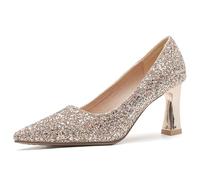 Wtharosa Escarpins de Style Français pour Femmes Bout Pointu Moderne et Talon Bloc Chaussures Vintage à Paillettes Polyvalentes,Champagne,39 EU