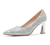 Wtharosa Escarpins de Style Français pour Femmes Bout Pointu Moderne et Talon Bloc Chaussures Vintage à Paillettes Polyvalentes,Argent,39 EU