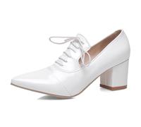 Wtharosa Escarpins Oxford à Bout Pointu, Cuir Verni avec Talon Bloc, pour Bureau et Sorties en soirée, Talon Moyen, Chaussures de soirée à Lacets, Doublure Douce PU,Blanc,34 EU