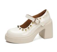 Wtharosa Mary Jane Mode à Plateforme Talon Épais Boucle à Clous Bout Rond Chaussures Vernies pour Street Style et Tenues Décontractées Look Tendance,Blanc,36 EU