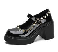 Wtharosa Mary Jane Mode à Plateforme Talon Épais Boucle à Clous Bout Rond Chaussures Vernies pour Street Style et Tenues Décontractées Look Tendance,Noir,34 EU