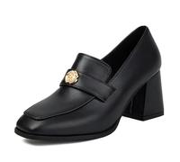 Wtharosa Mocassins À Talon Femme Classiques Bout Carré Ornement Doré Talon Bloc Épais Slip-on Chaussures De Bureau Confortables pour Le Travail,Noir,37 EU
