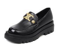 Wtharosa Mocassins Compensés Plateforme Femme | Ornements Dorés, Bout Rond, Enfilage Facile, pour Réception de Mariage & Tenue de Bureau, PU Style Rétro,Noir,42 EU