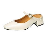 Wtharosa Mules à Bout Carré Femme Talon Carré Bas à Enfiler Sandales de Travail Décontractées Confortables Mary Jane pour Marche Quotidienne et Trajets Urbains,Beige,43 EU