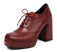 Wtharosa Oxford Plateforme Femme Talon Bloc Épais Fibre Ultra Bout Carré À Lacets Talon 9CM Plateau 2CM Style Vintage Simple pour Mode Travail Printemps Automne,Burgundy,39 EU