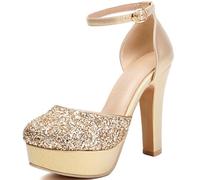 Wtharosa Sandales à Talons Hauts Pailletées pour Femmes avec Sangle Boucle en Matériau PU Talon Chunky Ouvert Bout Chaussures Printemps et Été,d'or,39 EU