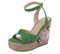 Wtharosa Sandales Brodées Fleurs à Plateforme et Semelle Compensée Femme en Daim Lanière de Cheville Ornée de Perles Talons Espadrilles Style Artisanal d'Été et Tenue Bohème Chic,Vert,34 EU