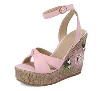 Wtharosa Sandales Brodées Fleurs à Plateforme et Semelle Compensée Femme en Daim Lanière de Cheville Ornée de Perles Talons Espadrilles Style Artisanal d'Été et Tenue Bohème Chic,Rose,41 EU