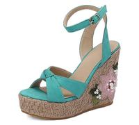 Wtharosa Sandales Brodées Fleurs à Plateforme et Semelle Compensée Femme en Daim Lanière de Cheville Ornée de Perles Talons Espadrilles Style Artisanal d'Été et Tenue Bohème Chic,Bleu,47 EU