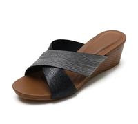 Wtharosa Sandales Romaines À Talon Compensé pour Femmes Bohème Ethnique Bout Ouvert Vacances Voyage Confort Soutien De La Voûte Plantaire Sandales Glissières,Noir,37 EU