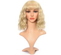 WTHCOS Perruques blondes pour femme - Courtes et bouclées - Perruque blonde avec frange - Perruque courte - Perruque dorée - Perruque synthétique résistante à la chaleur - Pour cosplay, fête costumée