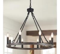 WTUOING Lustre Noir, 8 Lumières Lustre en Forme de Roue de Charrette, Suspension Plafonnier Industriel pour Salon, Salle à manger, Cuisine, Couloir, Chambre, Hauteur Réglable