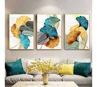 WTYBGDAN Bleu Vert Jaune Or Feuille Plante Fleur Toile Affiche Peinture Abstraite Mur Art Imprimer Nordique Moderne Photos Salon Décor | 50x70cmx3Pcs - sans Cadre