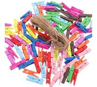 WUBAYI Lot de 100 mini pinces à linge colorées en bois - 3,5 cm de petite taille avec 10 m de ficelle de jute naturelle pour loisirs créatifs, tableau mémo, accrocher des photos