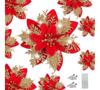 WUBAYI Lot de 12 fleurs décoratives pour arbre de Noël avec 12 tiges et pinces, fleurs artificielles de Pâques avec paillettes pour arbre de Noël, mariage, Nouvel An, guirlande de Noël, décoration