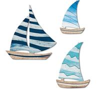 WUBAYI Lot de 3 décorations murales en forme de voilier - Style nautique - Aspect bois - Décoration murale pour salon, chambre, salle de bain, couloir, maison de vacances - Bleu