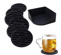 WUBAYI Lot de 6 dessous de verre en silicone avec support, épais et drainable, adaptés pour les boissons froides, les boissons chaudes, la maison, le bar, antiadhésif, facile à nettoyer (noir)