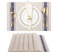 WUBAYI Lot de 6 sets de table résistants à la chaleur, aux taches, antidérapants, en vinyle tissé, isolants, lavables, durables et élégants pour salle à manger (beige/bleu)