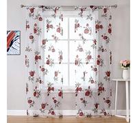 WUBODTI Lot de 2 voilages à motif floral rouge pour chambre de fille avec passe-tringle pour salon, porte, terrasse, traitement de la veuve, 99 x 200 cm