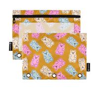 Wudan Lot de 2 trousses à crayons colorées avec fermeture éclair et motif oursons en gélatine avec 3 anneaux et fermeture éclair, Bonbons aux fruits colorés Bonbons Bonbons Gummy Jelly Bears, one