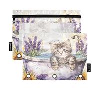 Wudan Lot de 2 trousses à crayons étanches avec 3 anneaux Motif chaton Lavande Tournesol dans la baignoire, Adorable chaton lavande tournesol dans baignoire relaxant, one sizex2