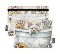 Wudan Lot de 2 trousses à crayons transparentes avec fermeture éclair - Motif chiot - Tournesol dans la baignoire - 3 anneaux - Fournitures de bureau, Adorable chiot lavande tournesol dans baignoire