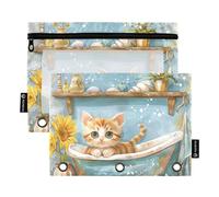 Wudan Lot de 2 trousses étanches à 3 anneaux - Motif chaton dans la baignoire - Tournesol Lily Seastars, Mignon chaton dans la baignoire tournesol Lily Seastars, one sizex2