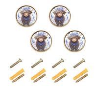 Wudan Lot de 4 boutons pour commode de 3,2 cm - Poignées de tiroir de commode pour armoires - Motif vache des Highlands avec couronne