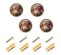 Wudan Lot de 4 boutons ronds de 3,2 cm, boutons de commode bohèmes, dorés pour armoire, vache Highland avec couronne florale noire