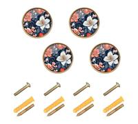 Wudan Lot de 4 poignées et boutons de meuble style bohème pour armoires, fleurs, lys et géranium, bleu marine, 3,2 cm
