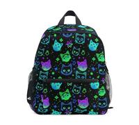 Wudan Mini sac à dos pour filles avec poches pour bouteilles pour enfants, étudiants, livres pour la maternelle, Chats sorcières néon d'Halloween, M