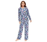 Wudan Pyjama 2 pièces confortable pour femme Motif astronaute, galaxie, étoiles, fusées, Dessin animé Astronaute Galaxy Stars Rockets, Medium