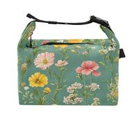 Wudan Sac à déjeuner réglable pour garçons motif fleurs printanières, géranium, sauge, bleu sarcelle, sac de nourriture pour les voyages en plein air