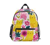 Wudan Sac à dos de camping pour enfants avec sangle de poitrine pour garçons, étudiants, livres pour les voyages, Trois chats jaunes dans un jardin de fleurs roses, Small