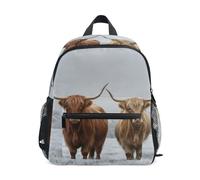 Wudan Sac à dos d'hiver pour enfants motif vache écossaise des Highlands avec poches pour bouteilles, garçons et filles, sacs à livres pour avion M