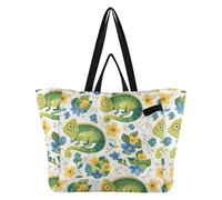 Wudan Sac fourre-tout en toile imperméable pour la cuisine, sac d'épicerie pour homme, marché agricole, voyage, caméléon avec fleur bleue