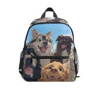 Wudan Sacs à dos pour enfants avec poches pour bouteilles Sacs à livres pour enfants étudiants pour avion, Chiens de style anime prenant un selfie dans la forêt, S
