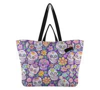 Wudan Sacs en toile recyclés pour la cuisine, sacs d'épicerie, fourre-tout pour enseignant, cadeaux de demoiselle d'honneur, vintage, crânes et fleurs mexicaines