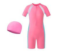 WUDEUI Costume de bain pour filles avec bonnet, maillot de bain une pièce pour enfants, maillot de bain modeste à manches courtes pour enfants de 4 à 12 ans, rose, 11-12 ans